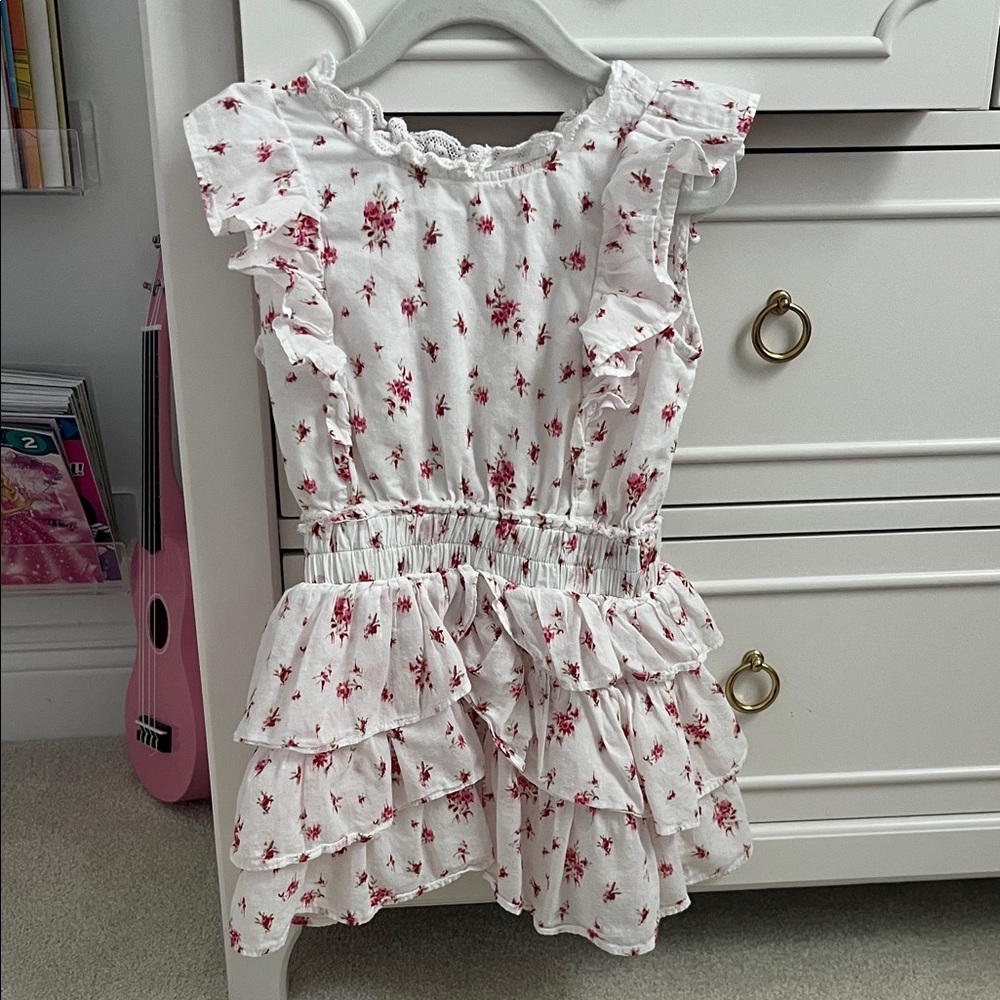 LoveShackFancy White Dress with Red/Pink Floral Accents